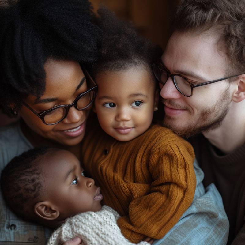 a diverse family with two young children of different ages representing adoption